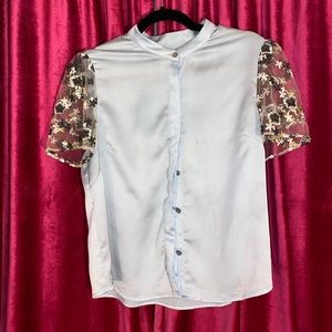 Anthropologie | Satin Embroidered Mesh Sleeve Top